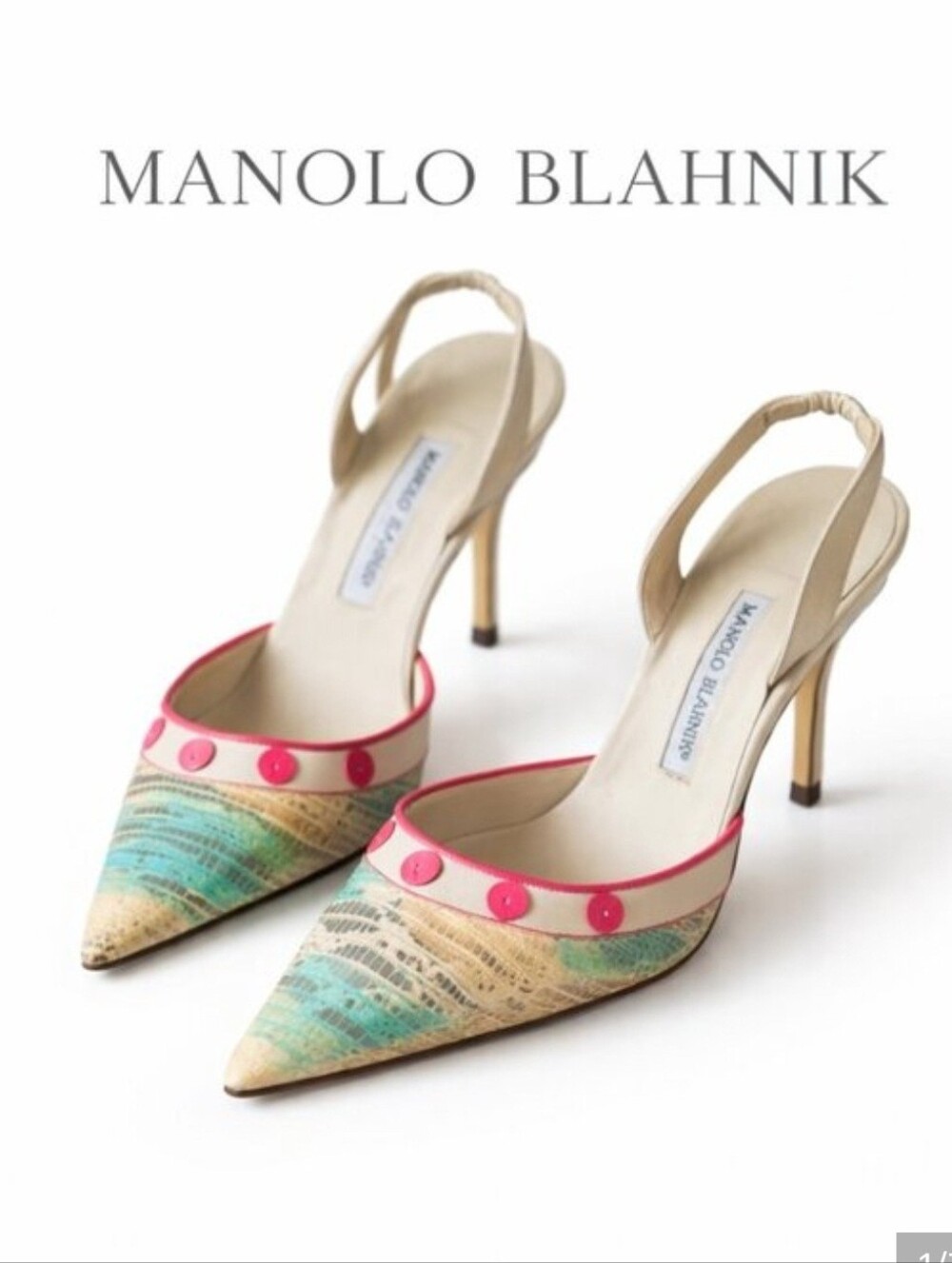 Manolo Blahnik - Stunning Pink, Teal & Tan Snakeskin Slingback Pumps - 39/8